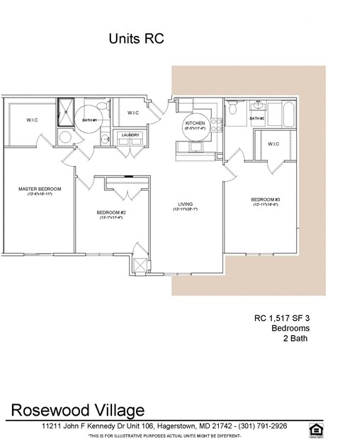 Floor plan for 3 beds, 2 baths, 1517 sqft